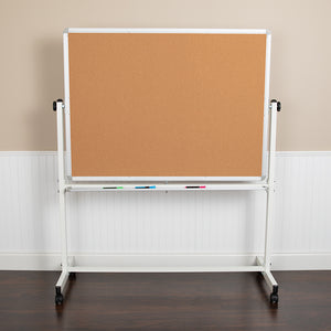 HERCULES Series 62.5"W x 62.25"H Reversible Mobile Cork Bulletin Board and White Board with Pen Tray by Office Chairs PLUS
