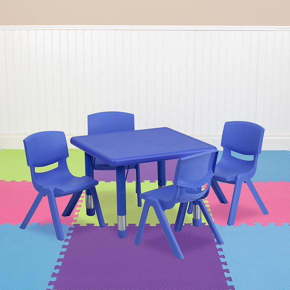 24'' Square Blue Plastic Height Adjustable Activity Table Set with 4 Chairs