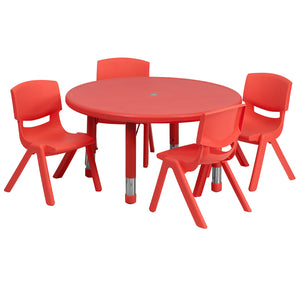 33'' Round Red Plastic Height Adjustable Activity Table Set with 4 Chairs
